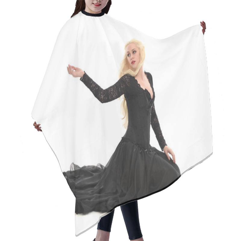 Personality  Full Length Portrait Of Blonde Girl Wearing Corset And Long Black Gown. Isolated On White Studio Background, Hair Cutting Cape