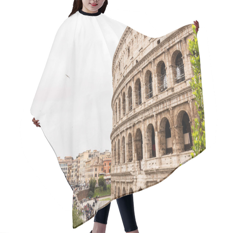 Personality  ROME, ITALY - JUNE 28, 2019: People Walking Near Ruins Of Colosseum And Green Trees Under Grey Sky Hair Cutting Cape