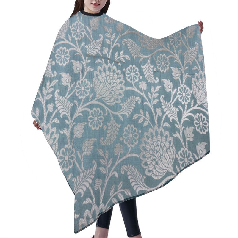 Personality  Blue Silk Fabric Is Adorned With An Exquisite Floral Brocade Design, Intricately Woven With Shimmering Golden Threads. Hair Cutting Cape