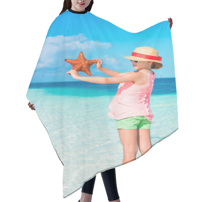 Personality  Adorable Little Girl With Starfish On White Empty Beach Hair Cutting Cape