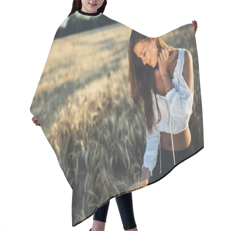 Personality  Beautiful Woman In Barley Field Hair Cutting Cape