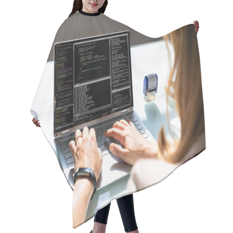 Personality  Programmer Woman Coding On Computer. Coder Girl Hair Cutting Cape