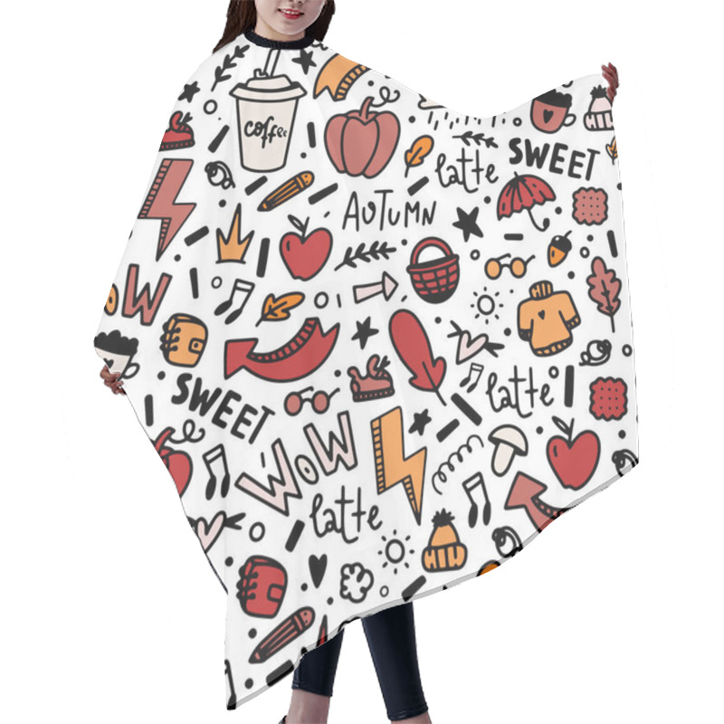 Personality  Autumn Doodle Seamless Pattern. Fall Illustration With Pumpkin, Coffee, Leaf On White Background Hair Cutting Cape