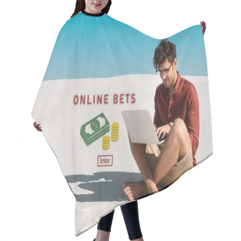 Personality  Young Freelancer On Sandy Beach Using Laptop Against Clear Blue Sky, Online Bets Illustration Hair Cutting Cape