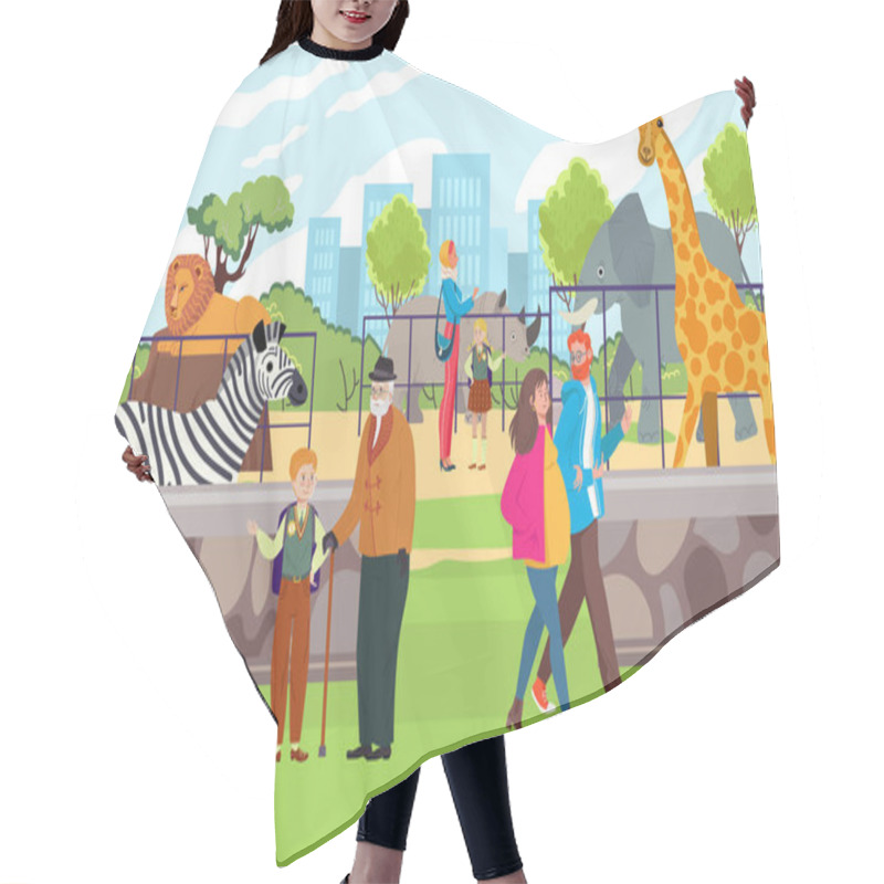 Personality  Happy Cheerful Family Time Spending In Zoo, People Character Observe Wild Tropical Zebra, Giraffe And Lion Animal Flat Vector Illustration. Hair Cutting Cape