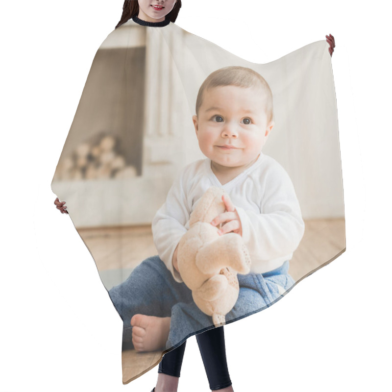 Personality  Smiling Baby Boy Sitting With Teddy Bear  Hair Cutting Cape