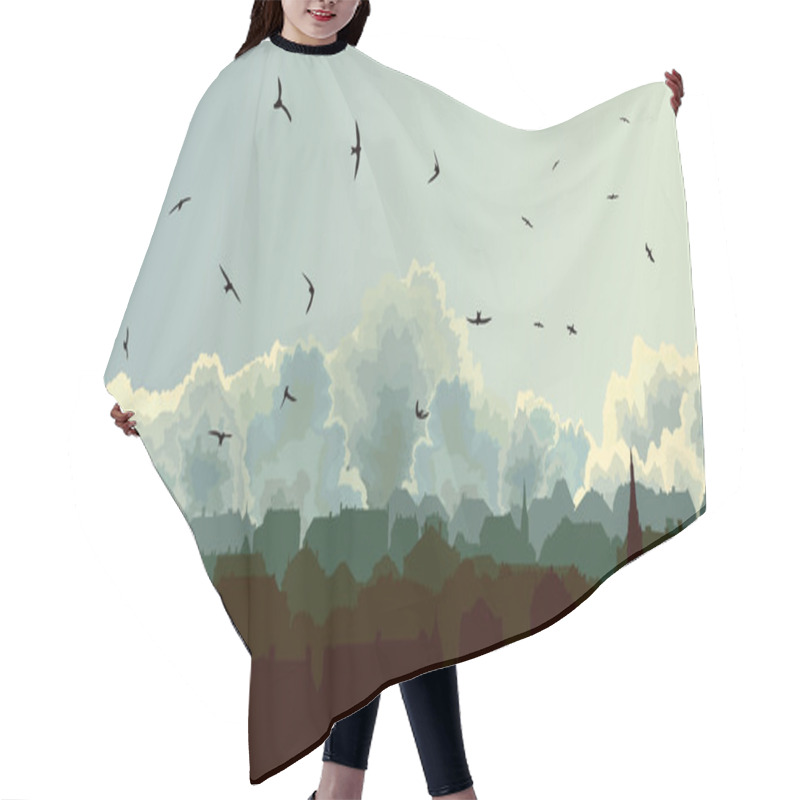 Personality  Horizontal Illustration Of Big European City On Background Cloud Hair Cutting Cape