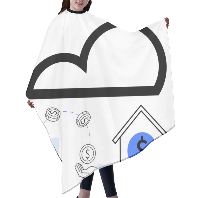 Personality  Cloud Outlined In Black, Credit Card With Coins And Hand Indicating Transactions, House With Dollar Symbol At Its Center. Ideal For Fintech, Cloud Services, Online Banking, Digital Transactions Hair Cutting Cape