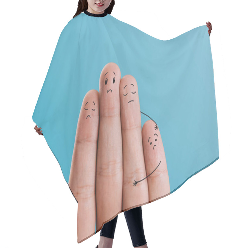 Personality  Cropped View Of Upset Fingers Family Isolated On Blue Hair Cutting Cape