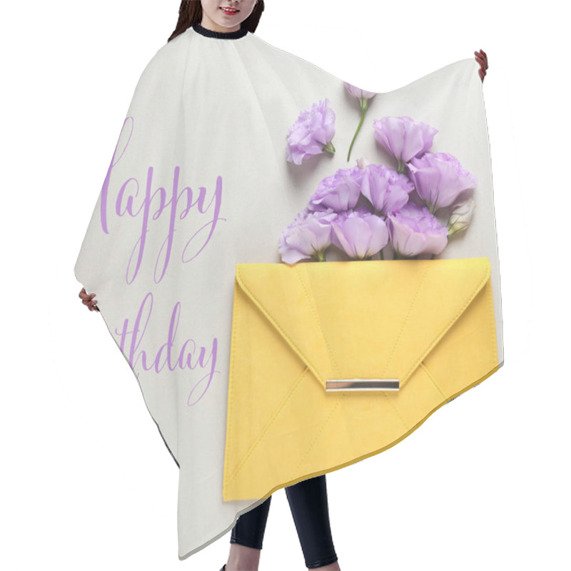 Personality  Flat Lay Composition Of Eustoma Flowers And Greeting HAPPY BIRTHDAY On Grey Background Hair Cutting Cape