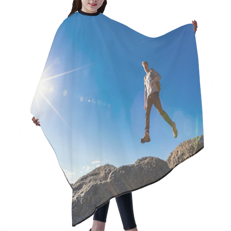 Personality  Man Jumping Over Gap On Mountain Hair Cutting Cape