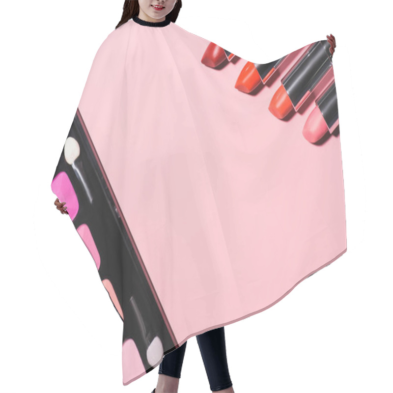 Personality  Top View Of Different Makeup Supplies On Pink Surface Hair Cutting Cape