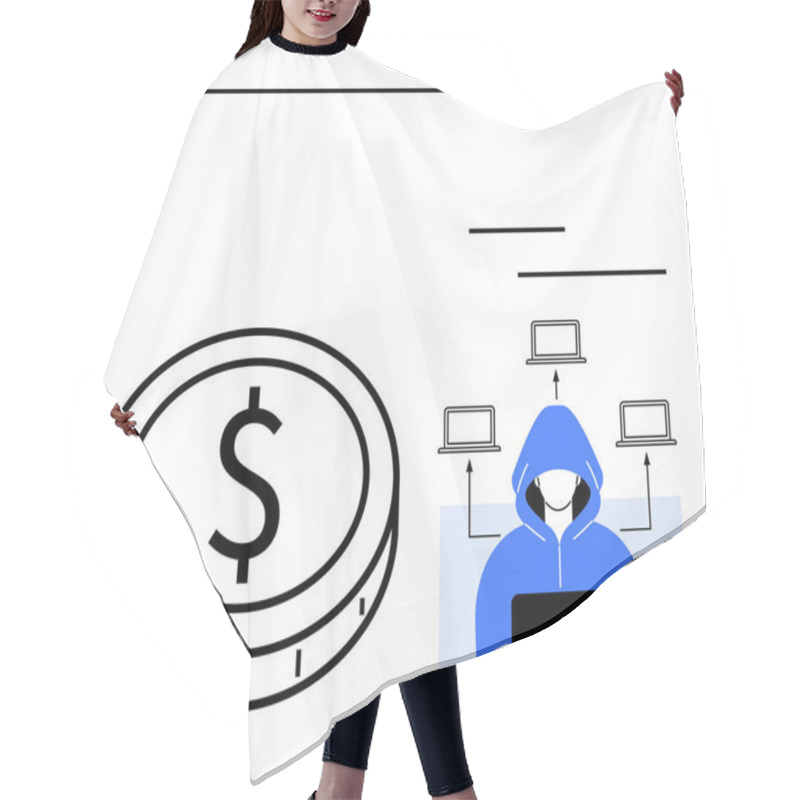 Personality  Large Coin With Dollar Sign Next To Hooded Figure At Laptop Sending Malicious Code To Multiple Computers. Ideal For Cybersecurity, Hacking, Financial Fraud, Encryption, Online Security, Threat Hair Cutting Cape