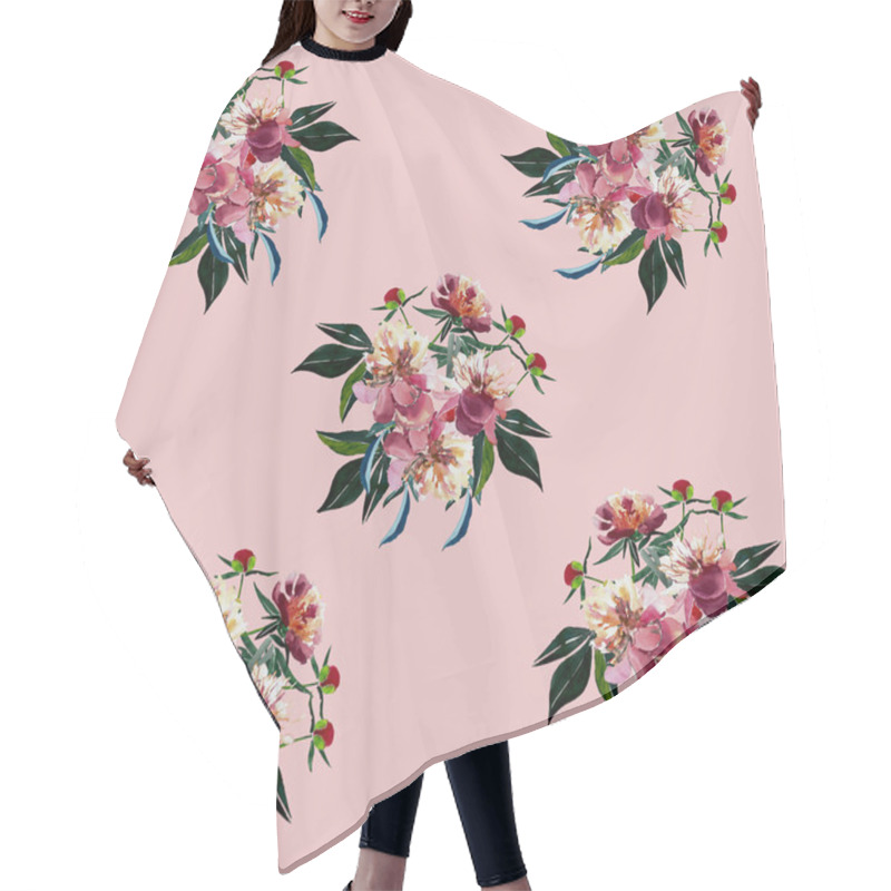 Personality  Beautiful Bright Gentle Spring Composition Of A Beige Powdery Pink Peonies With Green Leaves On Pink Background Watercolor Hand Sketch Hair Cutting Cape