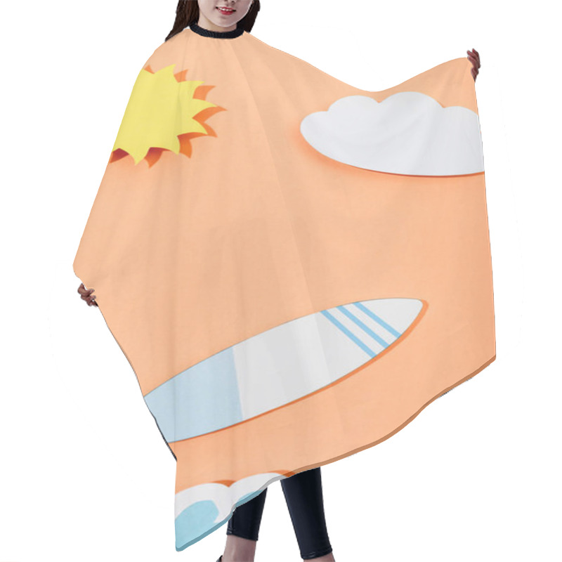 Personality  Top View Of Paper Cut Sun, Cloud, Surfboard And Sea Wave On Orange Background Hair Cutting Cape