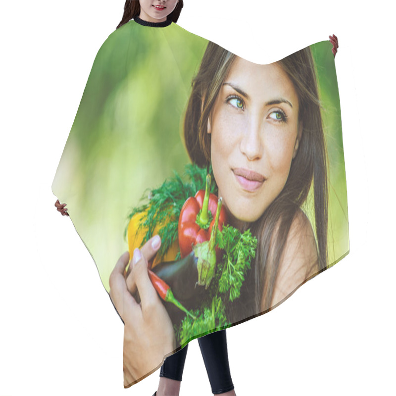 Personality  Woman With Bare Shoulders Holding Vegetable Hair Cutting Cape