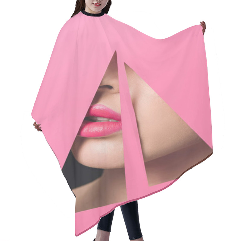 Personality  Cropped View Of Female Face With Pink Lips In Triangular Holes In Paper On Black Hair Cutting Cape