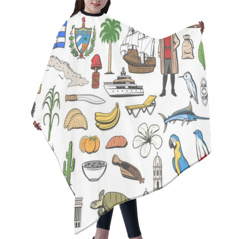 Personality  Cuba Travel Icons, Havana Tourism Landmarks And Caribbean Attractions, Vector. Cuba Flag And Map, Beach Resort, Sightseeing And Attractions Symbols Of Columbus Boat, Exotic Tropical Fruits And Flowers Hair Cutting Cape