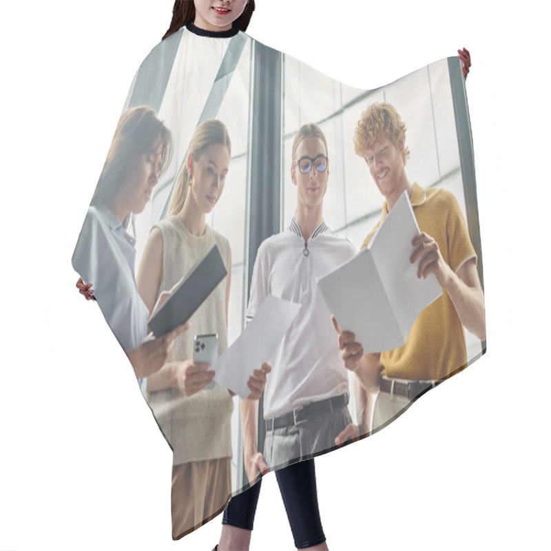 Personality  Four Coworkers In Smart Wear Smiling, Holding Working Papers And Phone, Close Up, Coworking Concept Hair Cutting Cape