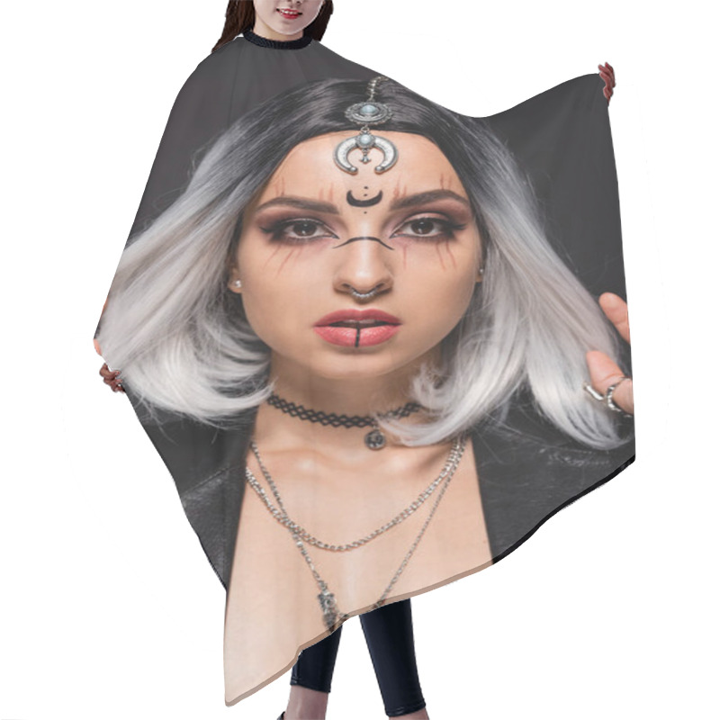 Personality  Portrait Of Woman In Witch Makeup And Accessories Touching Ash Blonde Hair Isolated On Black Hair Cutting Cape