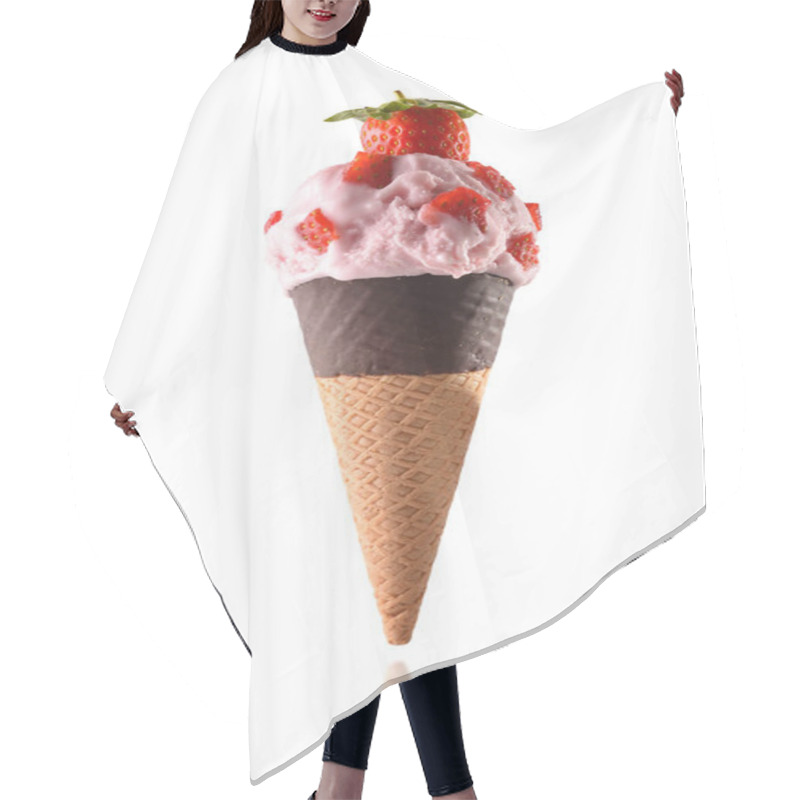 Personality  Strawberry Flavored Cream Ice Cream With Pieces Of Fruit Isolated White Background On Semi-dipped Chocolate Cone Hair Cutting Cape