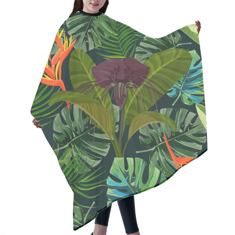 Personality  Tropical Exotic Plant Seamless Pattern. Dark Purple Tacca Flower And Heliconia Background. Hair Cutting Cape