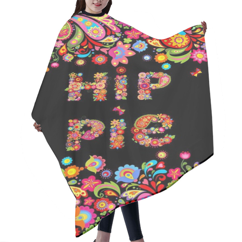 Personality  Colorful Hippie Flowers Lettering Print And Floral Border For Summery T Shirt Design On Black Background Hair Cutting Cape