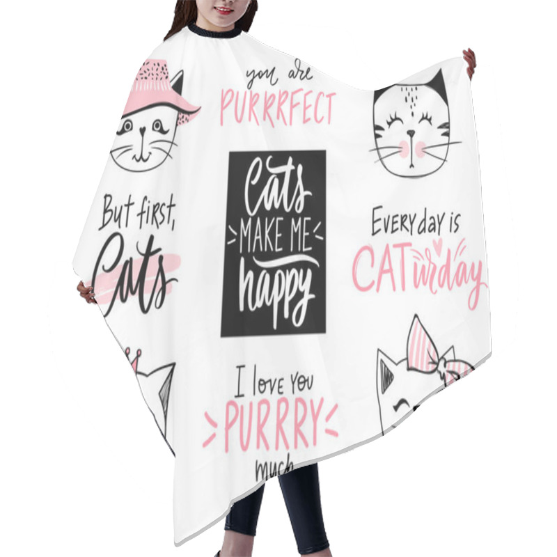 Personality  Doodle Cats Illustration And Kitten Quotes, Meow Lettering. Cute Vector Set With Funny Hipster Pets, Fashion Kitty Phrases Hair Cutting Cape