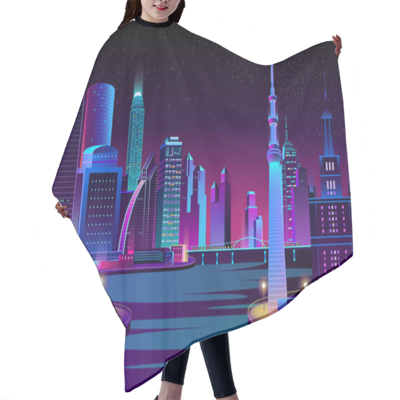 Personality  Vector City, Megapolis On River At Night. Hair Cutting Cape