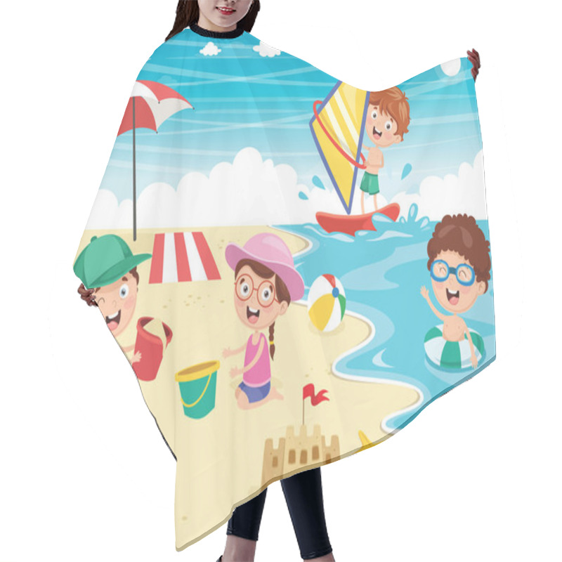 Personality  Vector Ilustration Of Kids Playing At Beach And Sea Hair Cutting Cape