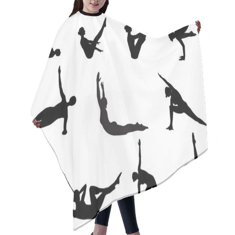 Personality  Pilates Silhouettes Of Working Out And Stretching On The White B Hair Cutting Cape