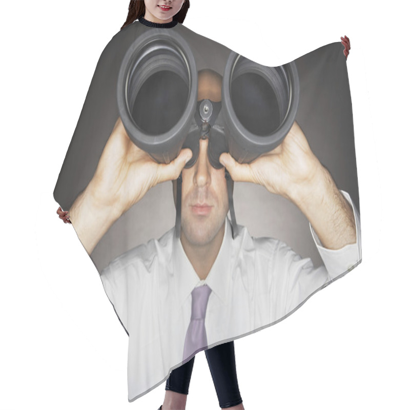 Personality  Balding Businessman Looking Through Binoculars Hair Cutting Cape