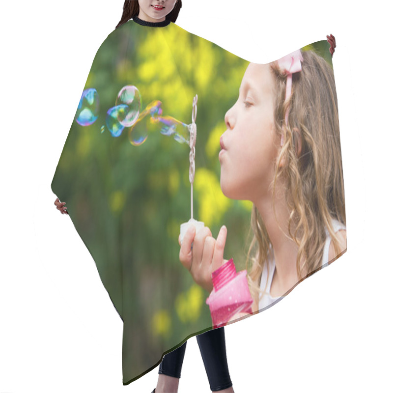 Personality  Young Girl Blowing Bubbles. Hair Cutting Cape