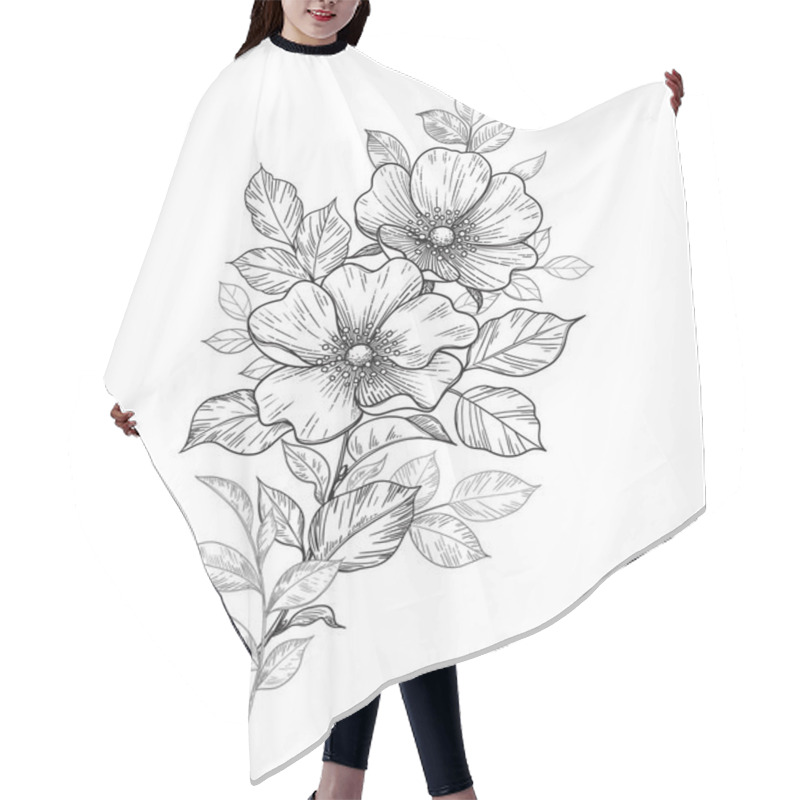 Personality  Hand Drawn Dog-rose Branch With Flowers And Leaves Isolated On White. Vector Line Art Monochrome Elegant Floral Composition In Vintage Style, Tattoo Design, Coloring Page, Wedding Decoration. Hair Cutting Cape