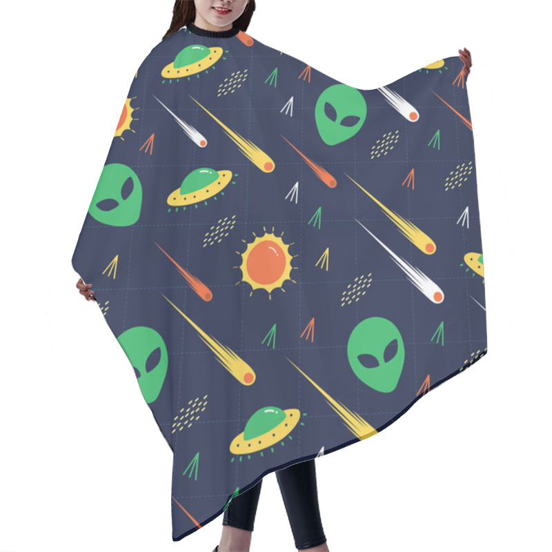 Personality  Alien, Ufo, Comet Invasion Star Wars. A Playful, Modern, And Flexible Pattern For Brand Who Has Cute And Fun Style. Repeated Pattern. Happy, Bright, And Magical Mood. Hair Cutting Cape