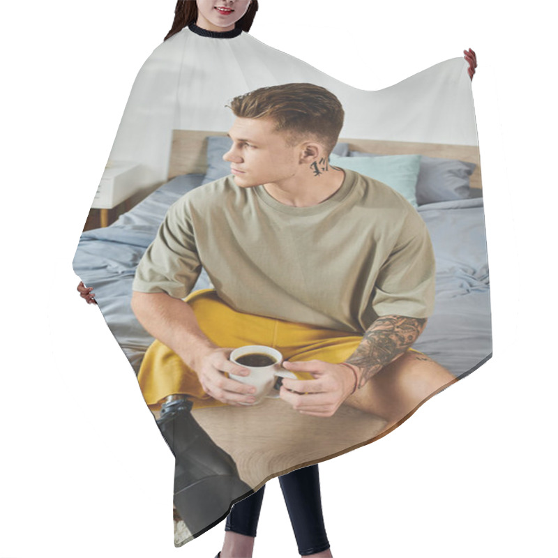 Personality  A Young Man Sits Comfortably On His Bed, Sipping Coffee And Embracing Life With Confidence. Hair Cutting Cape