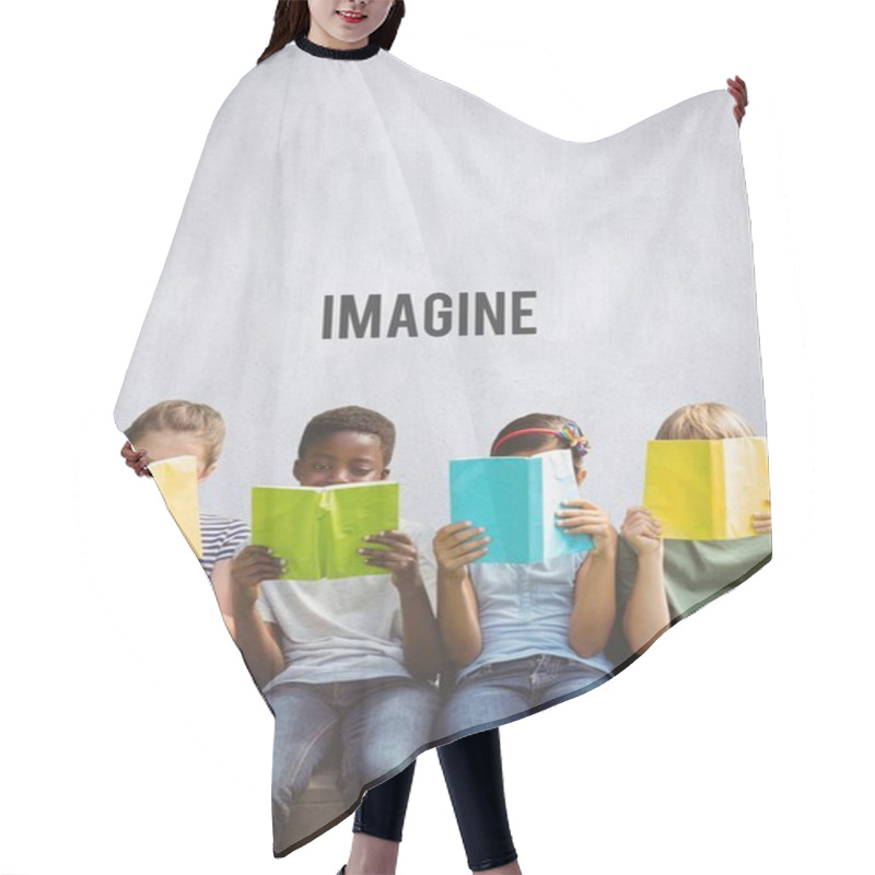 Personality  Group Of Children Reading Books In Front Of Imagine Text Hair Cutting Cape