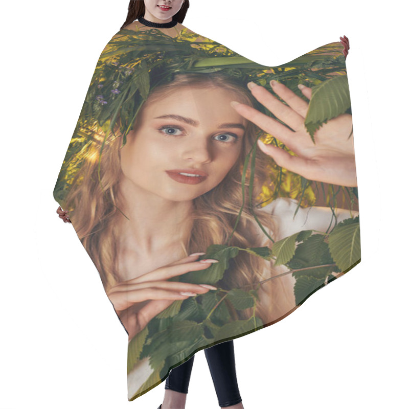 Personality  A Young Woman Wearing A Traditional Outfit Adorned With A Wreath Of Leaves, Radiating Beauty In A Fairy And Fantasy Setting. Hair Cutting Cape