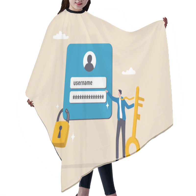 Personality  Strong Password For Cyber Security, High Protection And Safety For Login Account, Secure Data Privacy, Online Authentication Concept, Businessman Hold Key With User Account Lock With Strong Lock Pad. Hair Cutting Cape