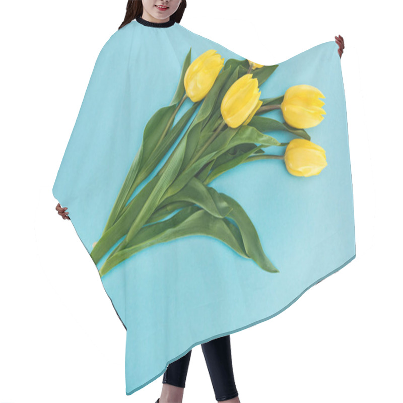 Personality  Top View Of Bouquet With Yellow Spring Tulips Isolated On Blue For 8 March Hair Cutting Cape