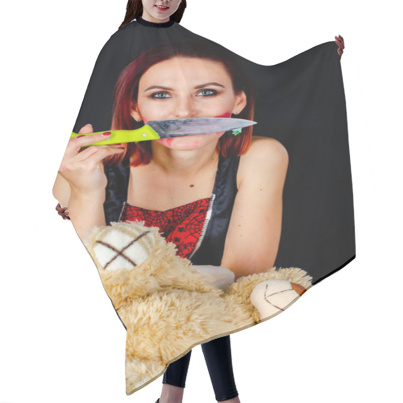 Personality  Woman With Creepy Makeup Holding Knife Over Toy Bear, Halloween Concept  Hair Cutting Cape