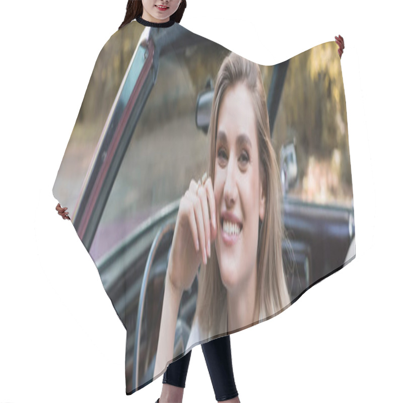 Personality  Cheerful Woman Looking At Camera While Sitting In Cabriolet, Banner Hair Cutting Cape