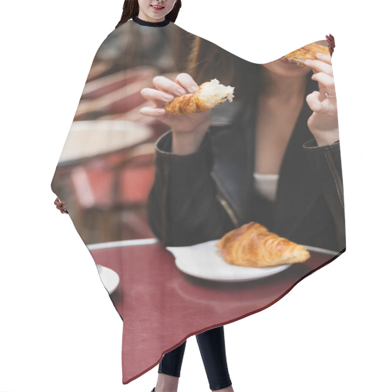 Personality  Cropped View Of Woman Eating Croissant Near Cup Of Coffee And Glass Of Orange Juice In Outdoor Cafe In Paris Hair Cutting Cape