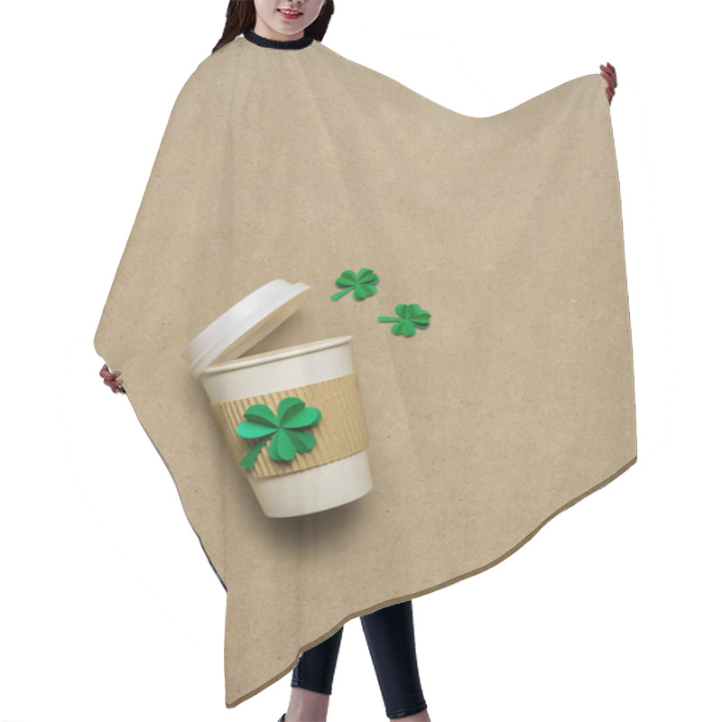 Personality  Creative St. Patricks Day Concept Photo Of Take Away Coffee Cup With Shamrocks Made Of Paper On Brown Background. Hair Cutting Cape