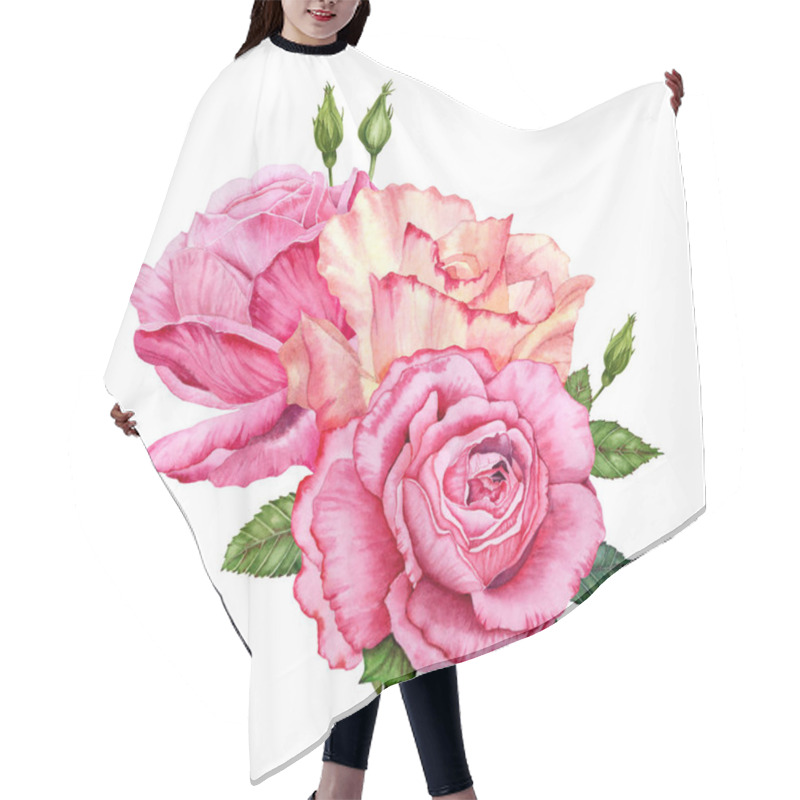 Personality  Composition With Pink Rose Flowers,  Buds And Green Leaves. Hand Drawn Watercolor Illustration Isolated On White Background. Floral Designs For Cards, Invitations, Covers, Wrapping And Wallpaper. Hair Cutting Cape