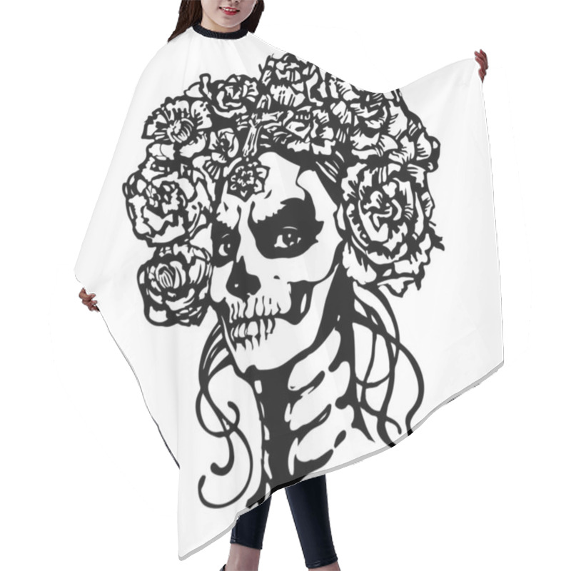 Personality  Sugar Skull Girl. Santa Muerte Face. Woman With Halloween Make Up And Roses Wreath. Black And White Hand Drawn Stock Vector Illustration, Tattoo Sketch Isolated On White Background. Hair Cutting Cape