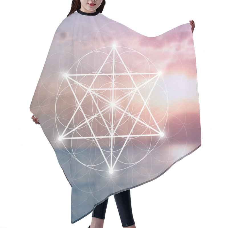 Personality  Merkaba Sacred Geometry Spiritual New Age Futuristic Illustration With Interlocking Circles, Triangles And Glowing Particles In Front Of Colorful Blurry Natural Photographic Background Hair Cutting Cape