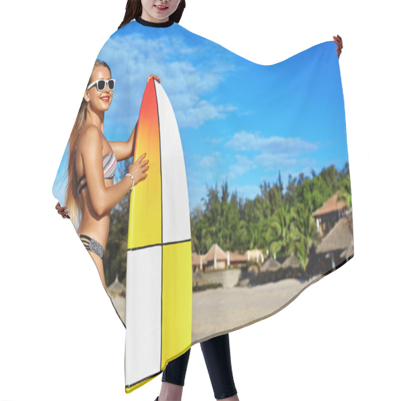 Personality  Summer Fun. Leisure Sporting Activity. Surfing. Woman With Surfboard Hair Cutting Cape