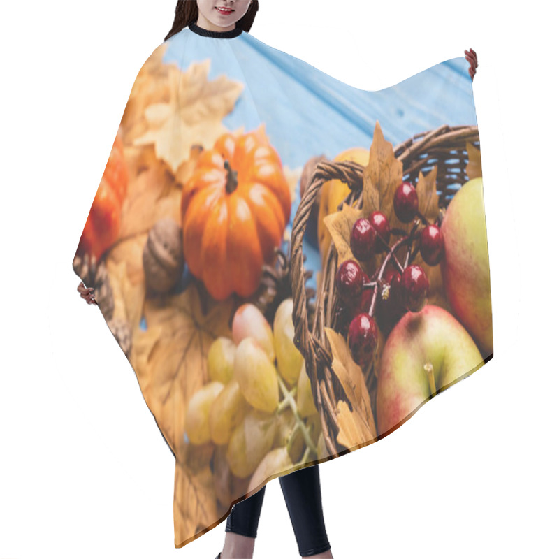 Personality  Selective Focus Of Autumnal Harvest In Basket And Foliage On Blue Wooden Background Hair Cutting Cape