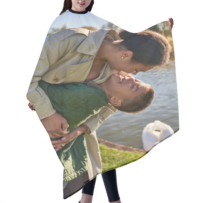 Personality  Family Bond, Love, Happy African American Mother And Child Hugging Near Lake, Nature, Autumn, Fun Hair Cutting Cape